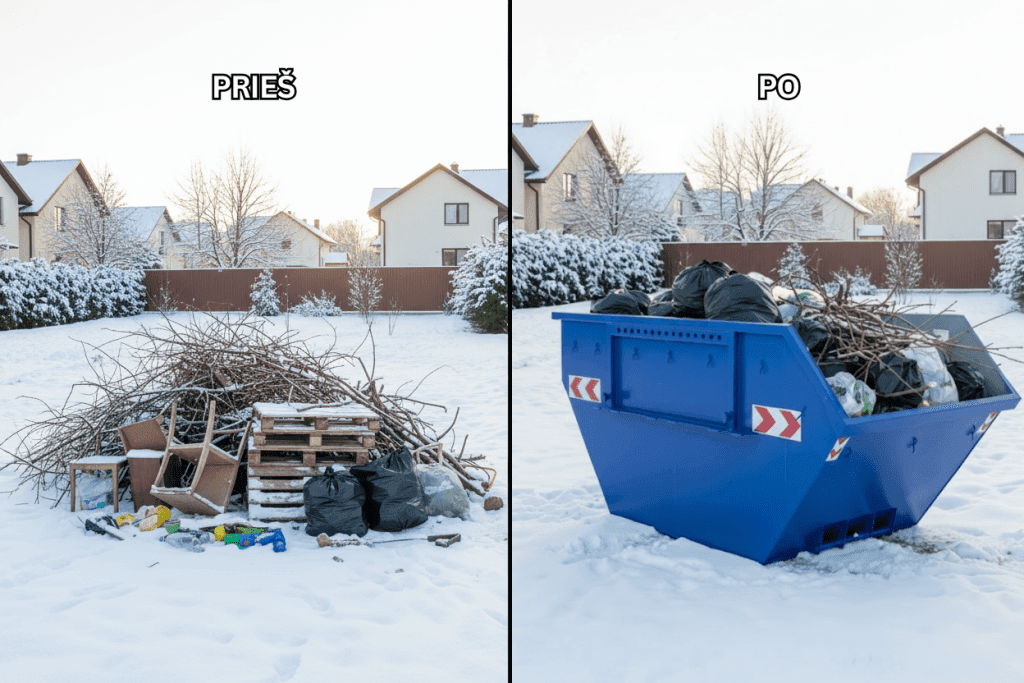 Kiemo tvarkymas prieš ir po: šiukšlių krūva ir mėlynas atliekų konteineris apsnigtame kieme.