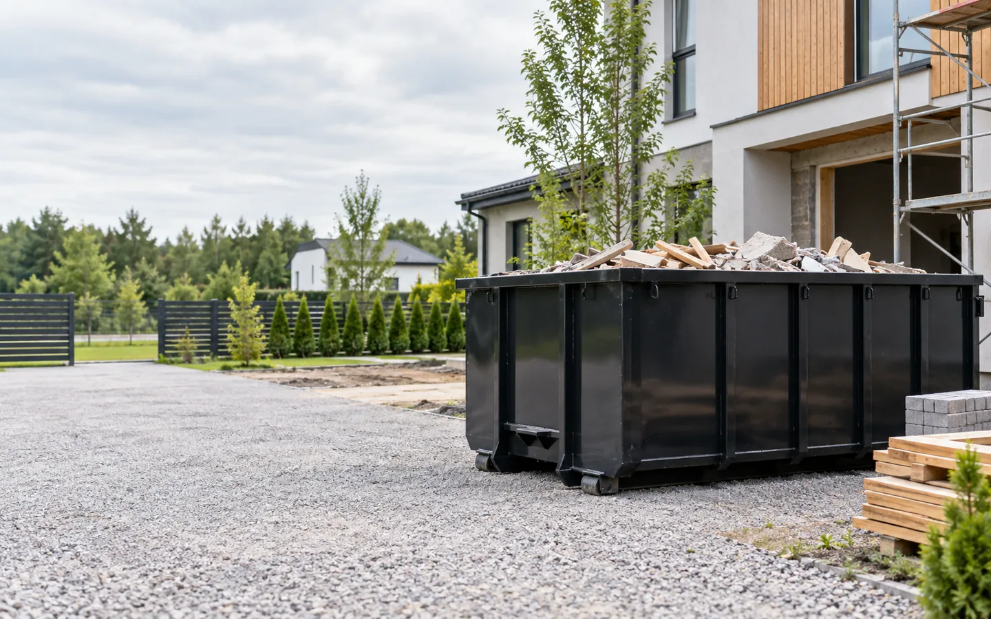 Juodas statybinių atliekų konteineris prie renovuojamo namo